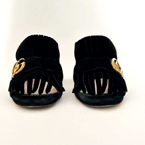 Gucci Marmont GG Logo Black Suede Fringe High Heeled Slip On Mules Slides 38.5 - Picture 3 of 12